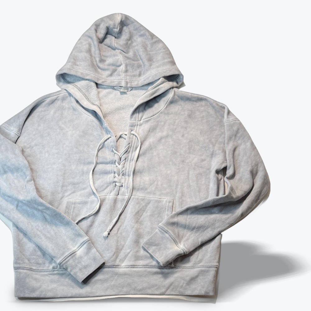 American Eagle Hoodie Lace Up XS Light Blue Faded Wash Pullover Kangaroo Pocket